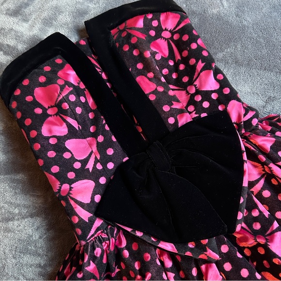 Vintage Hot Pink & Black Large Bow Mini Dress Strapless Barbie Girly Small Glam - Picture 3 of 9